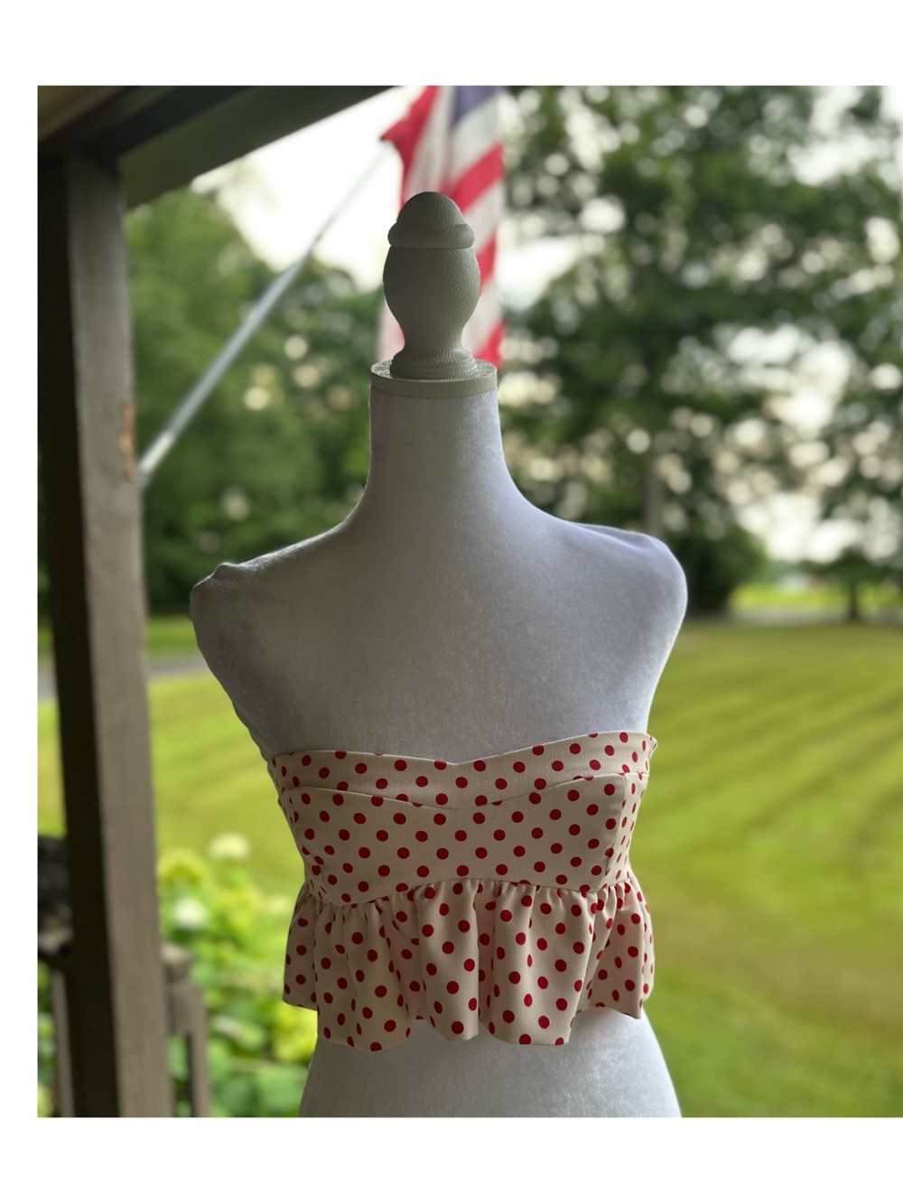 Zara Cream Strapless Crop Top with Red Polka Dots Size Small